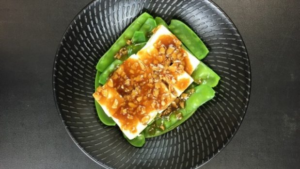 Steamed Tofu with Snow Pea Shoots and Oyster Sauce